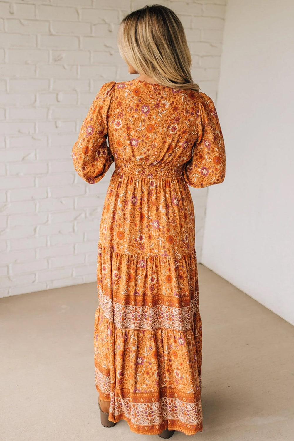 Floral Print Smocked Waist Long Sleeve Boho Maxi Dress - Dresses/Maxi Dresses