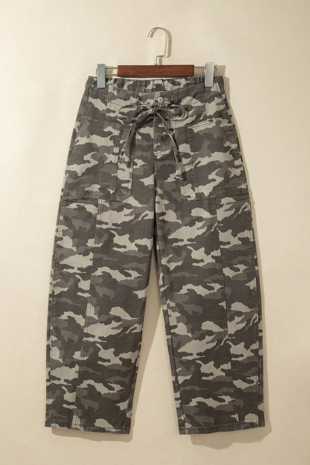 Leopard Printed Drawstring Elastic Waistband Pocketed Barrel Jeans – Green