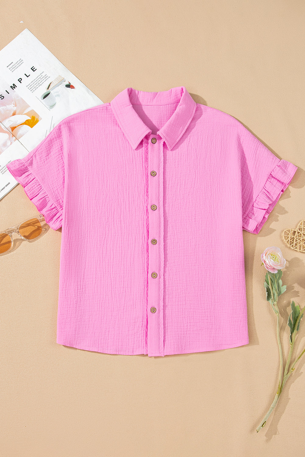 Bonbon Mineral Wash Textured Ruffle Trim Short Sleeve Shirt eAura