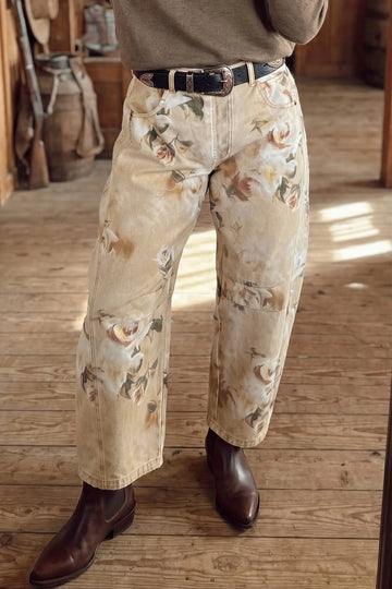 Retro Floral Print Relaxed Barrel Jeans – Khaki