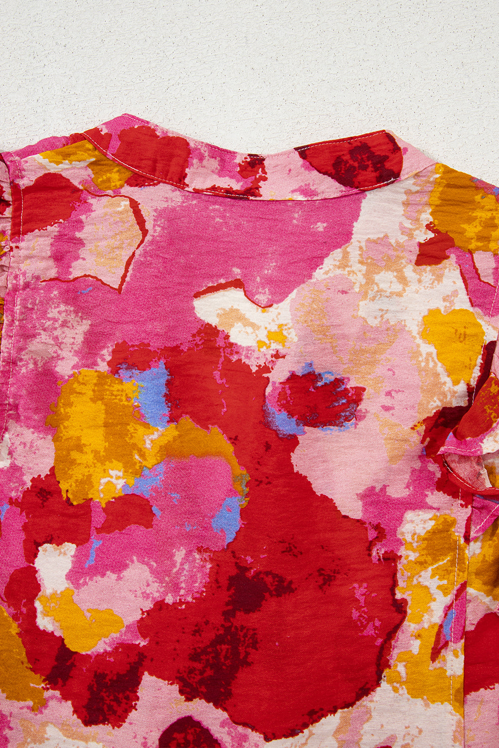 Red Abstract Print Split V Neck Ruffle Short Sleeve Blouse eAura