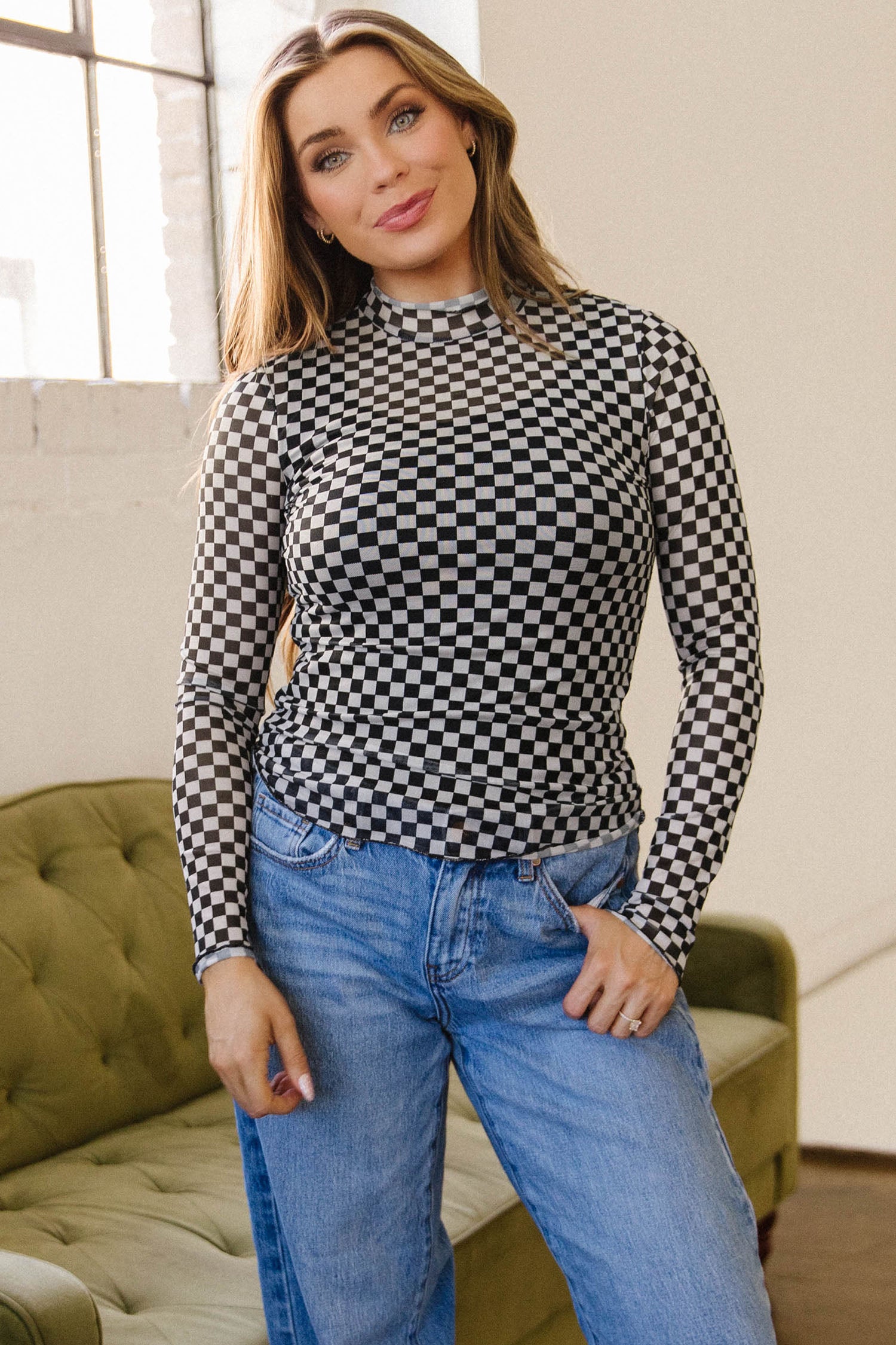Plaid Stand Neck Long Sleeve Mesh Top – Black