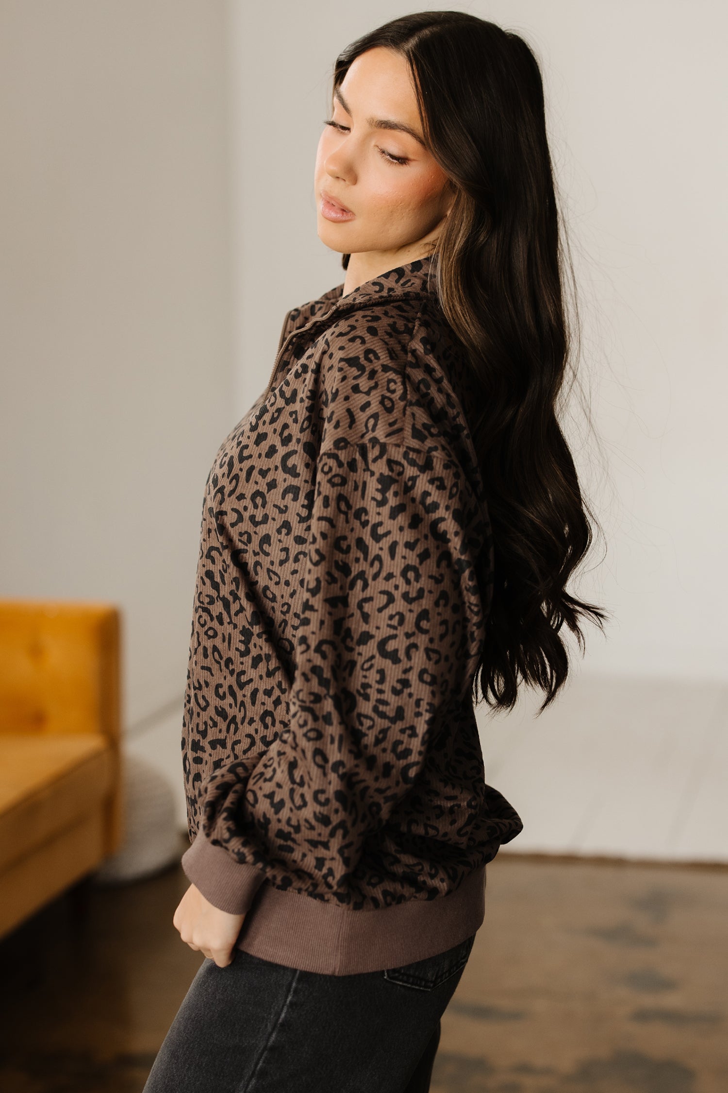 Leopard Print Quarter Zip Soft Corduroy Sweatshirt - Tops/Sweatshirts & Hoodies