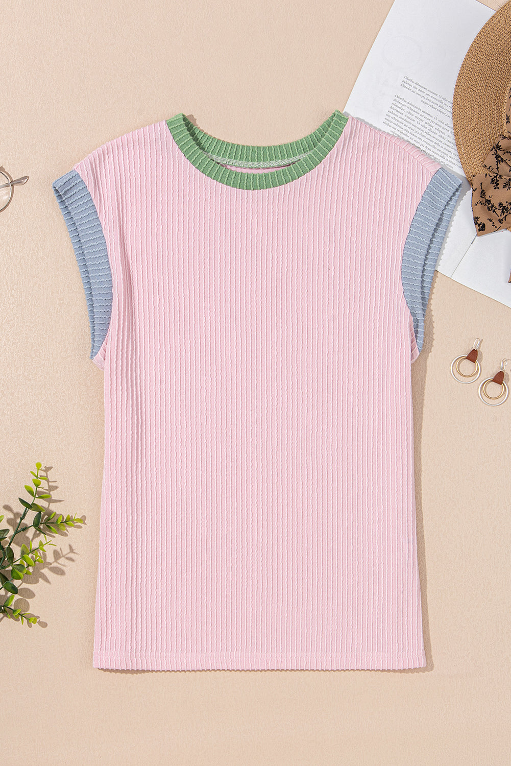 Pink Colour Block Ribbed Knit Crew Neck Tee eAura