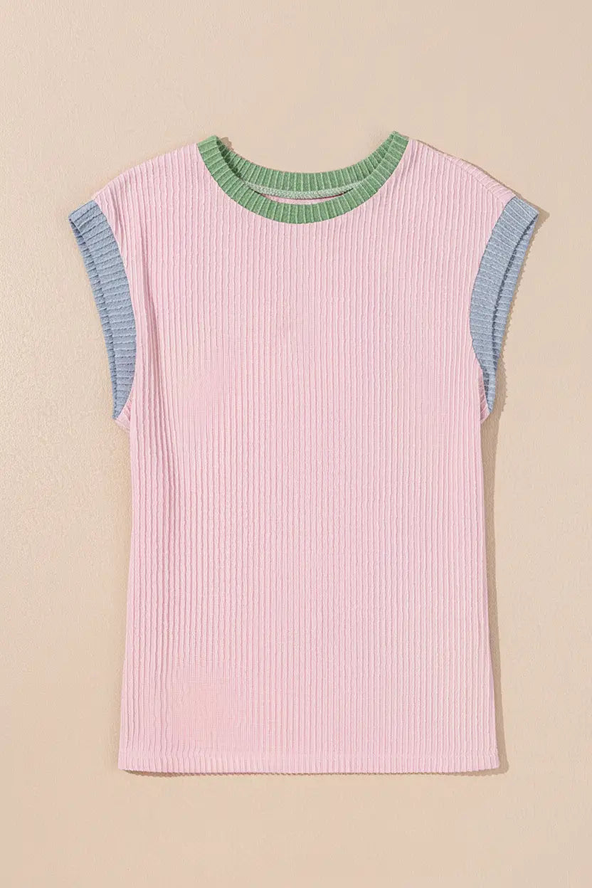 Pink Colour Block Ribbed Knit Crew Neck Tee - Tops/Tops & Tees