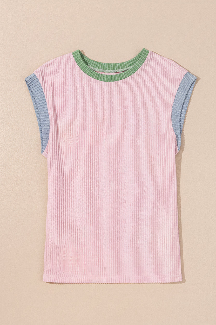 Pink Colour Block Ribbed Knit Crew Neck Tee - Tops/Tops & Tees