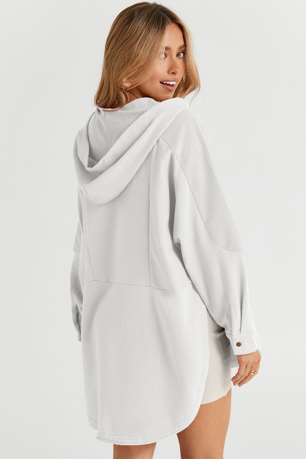 White Patchwork Side Pockets Oversized Henley Hoodie eAura