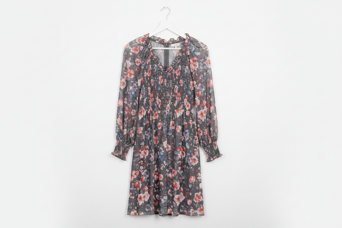 Frilly Smocked Bodice Floral Mesh Long Sleeve Mini Dress - Dresses/Mini Dresses