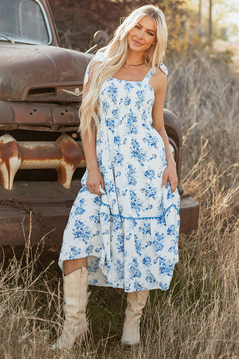 Sky Blue Floral Print Shirred Knot Shoulder Sleeveless Long Dress eAura