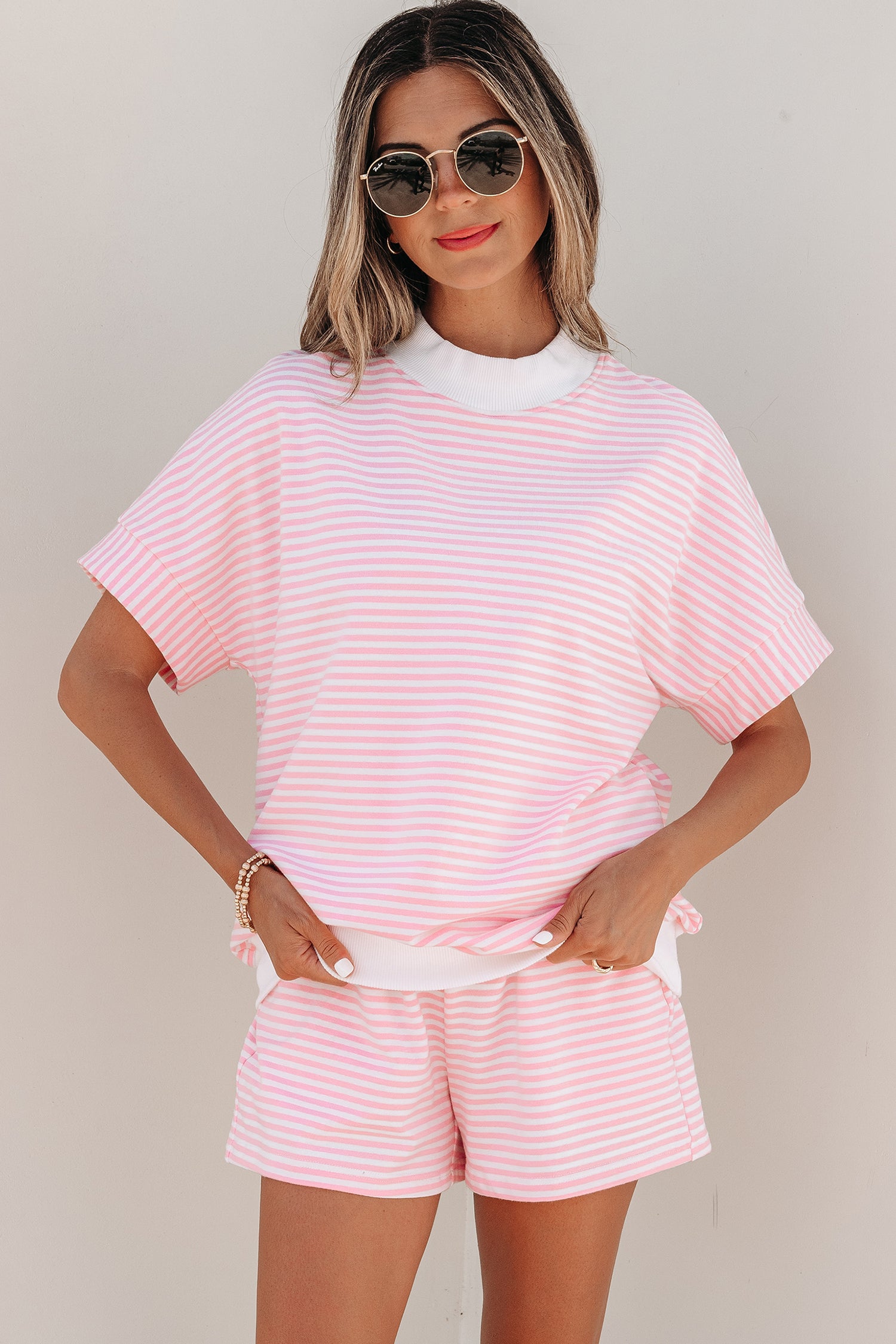 Stripe Cuffed Sleeve Contrast Mock Neck Tee Casual Co-ord Short Set
