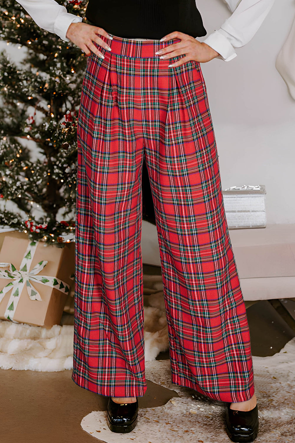 Red Festive Plaid Wide Leg Pull On Trousers - eAura