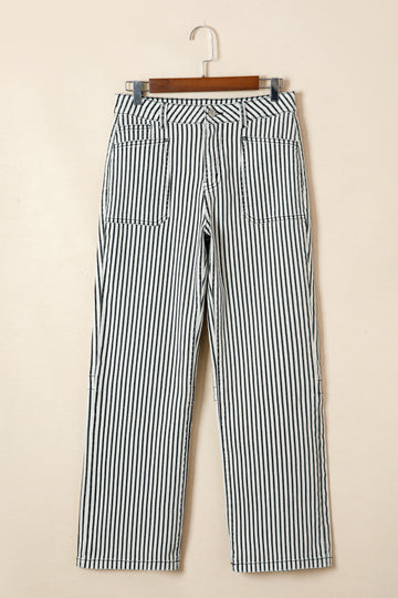 Stripe Patch Pocket High Waist Shift Denim Jeans - Bottoms/Jeans