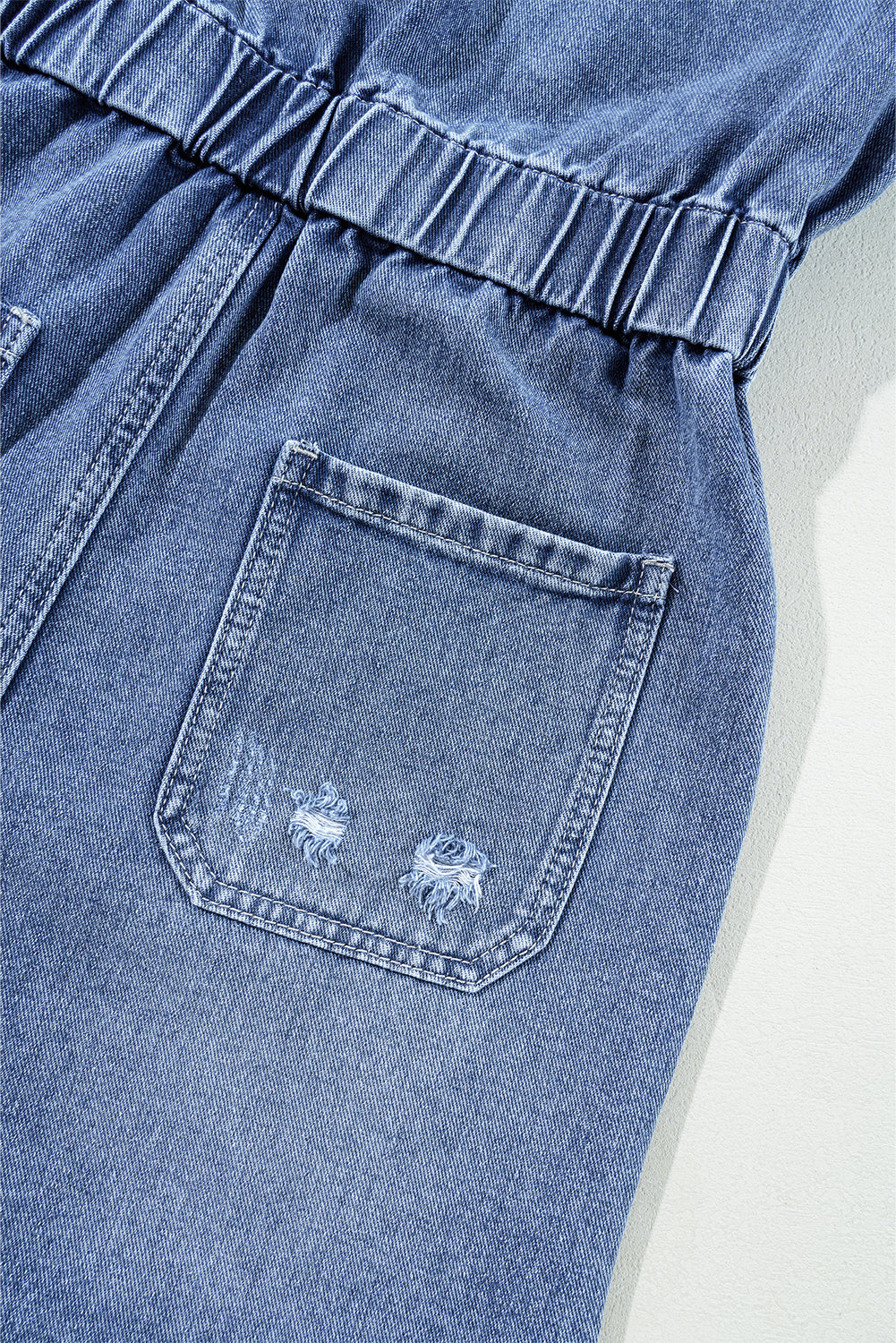 Dusk Blue Chest Pocket Front Buttoned Folded Edge Denim Short Sleeve Romper eAura