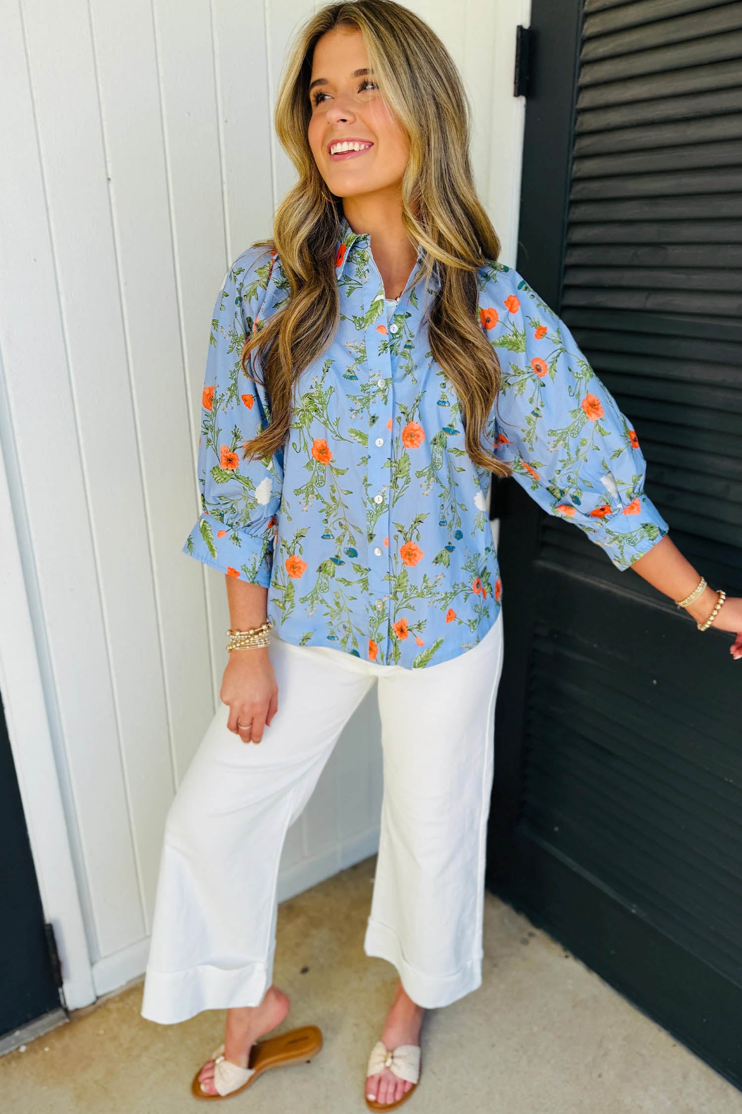 Sky Blue Floral Print Bracelet Sleeve Button Down Casual Shirt – Light Blue