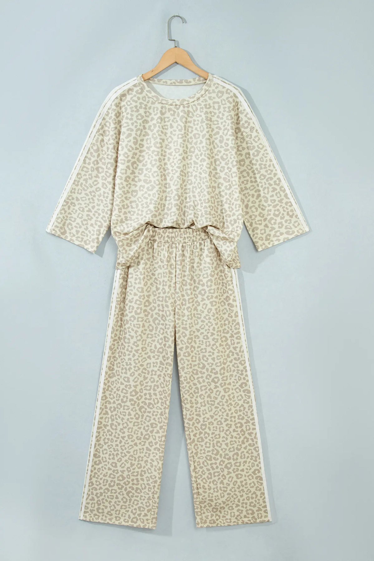 Leopard Print Varsity Striped Detail 3/4 Sleeve Top Shift Pant Set – Pink
