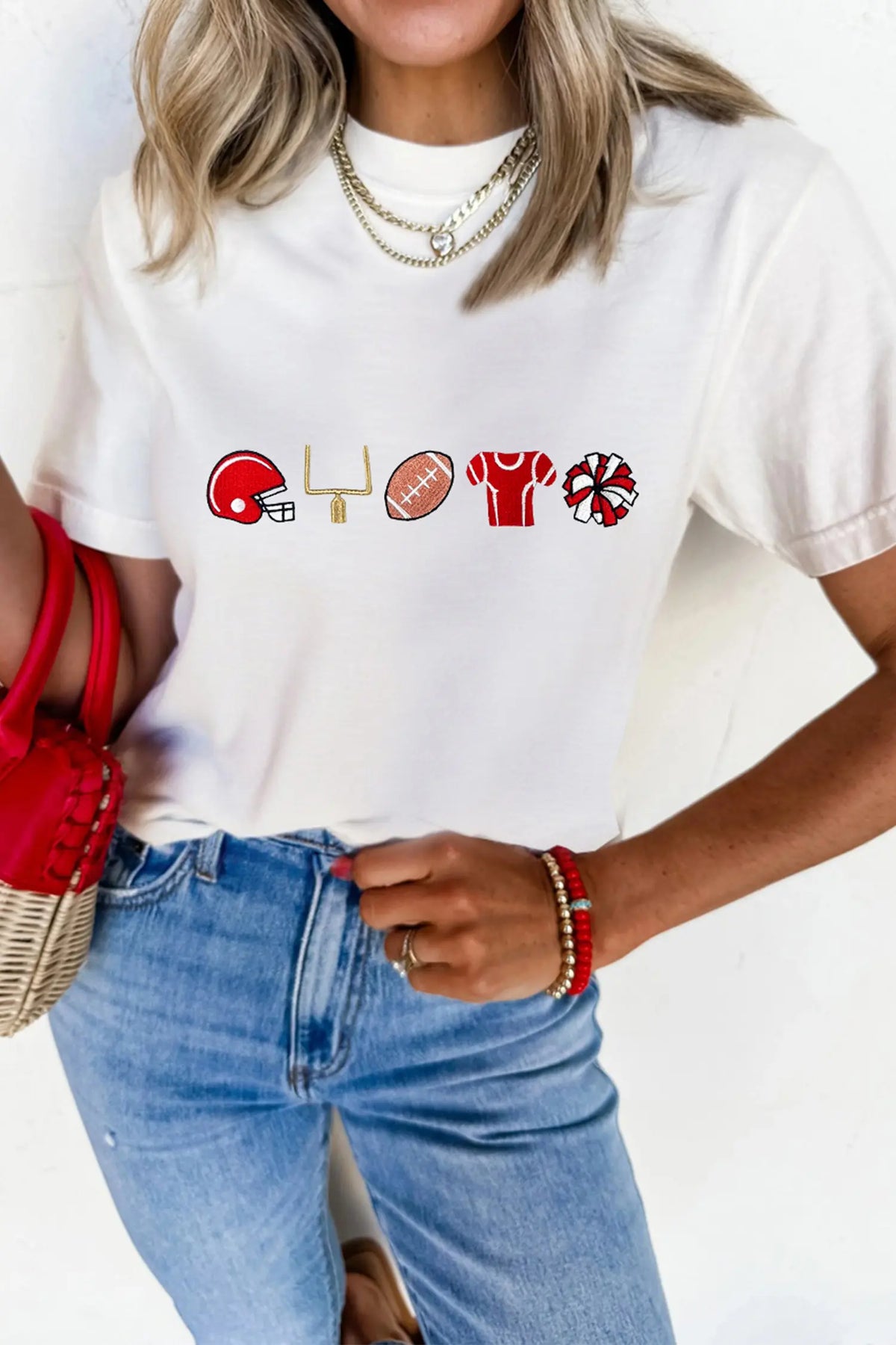 Embroidered Game Day Theme Football Graphic Tee – White