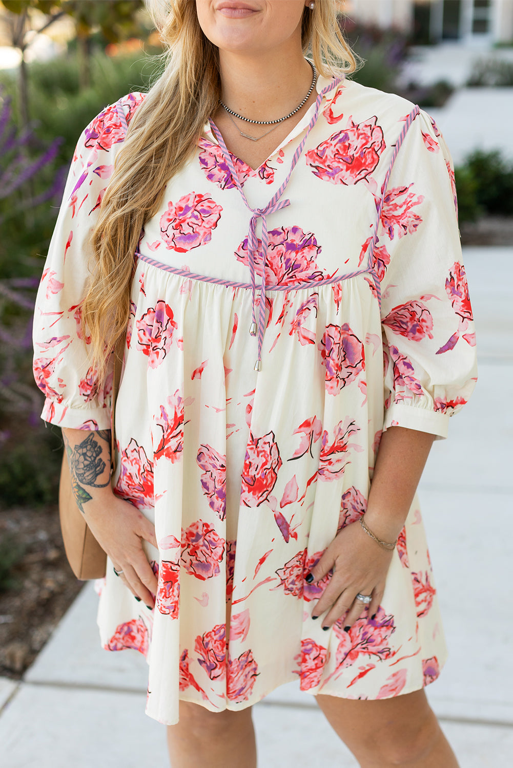 White Floral Print Lace up V Neck Balloon Sleeve Plus Size Shift Mini Dress BB Fashion Outlet