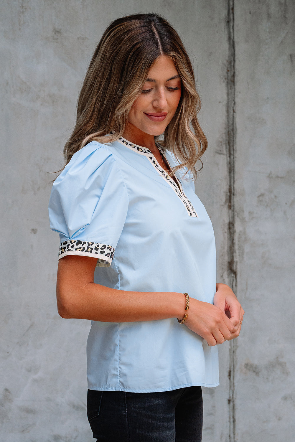 Beau Blue Contrast Leopard Trim Split Neck Puff Sleeve Blouse eAura