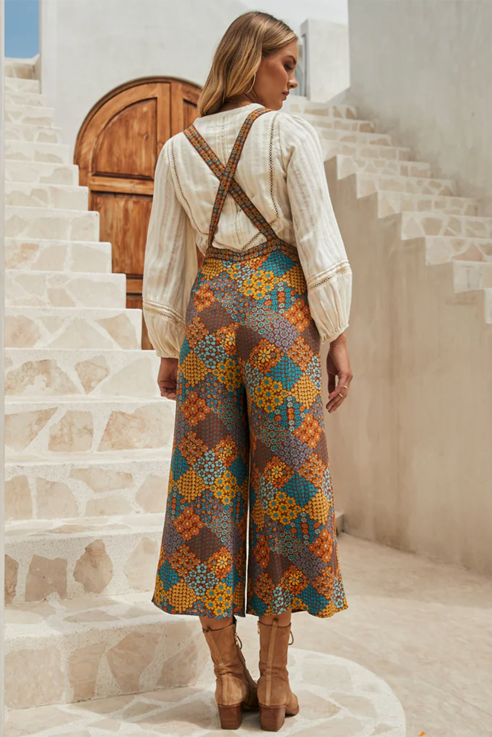 Multicolour Boho Floral Print Crossed Straps Ankle-length Jumpsuit eAura