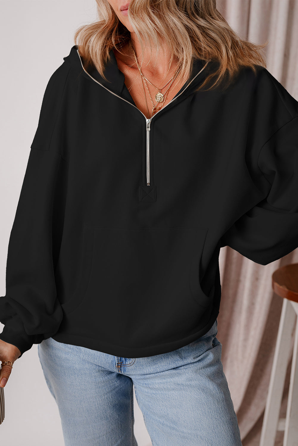Black Fleece Lined Half Zipper Kangaroo Pockets Loose Hoodie eAura