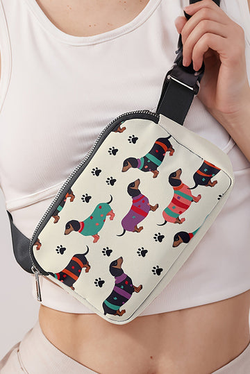 Dachshund Walking Footprint PU Crossbody Bag