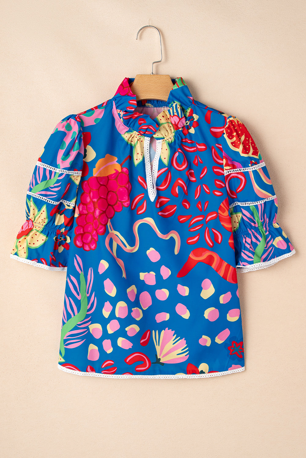 Blue Abstract Print Frilled Collar Ruffled Puff Short Sleeve Top eAura