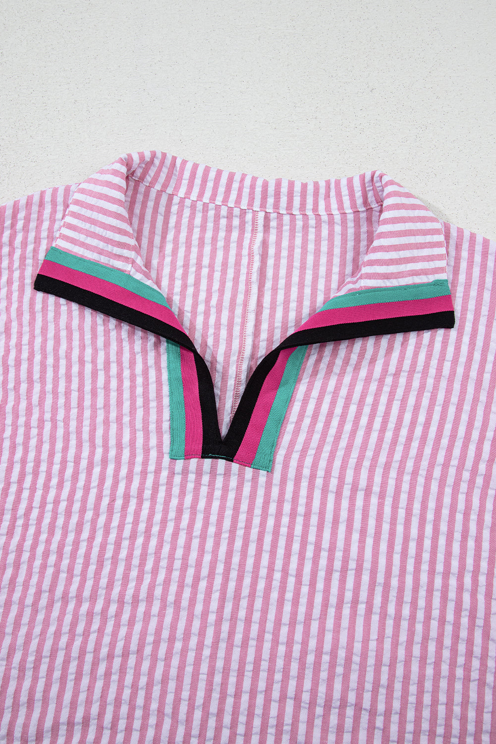 Striped Print Contrast Split Neck Dolman Sleeve Blouse eAura