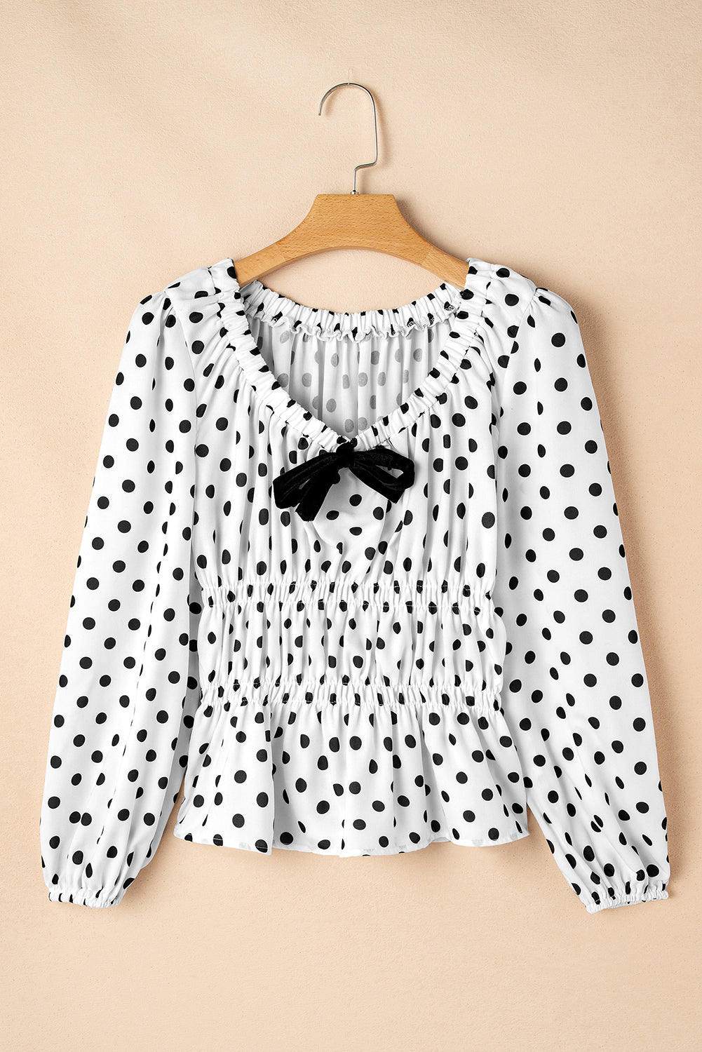 Black Polka Dot Puff Sleeve Bow Square Neck Peplum Top eAura