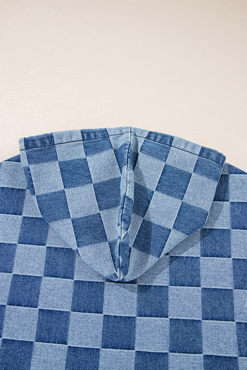 Checkerboard Zip Neck Kangaroo Pocket Denim Hoodie - eAura