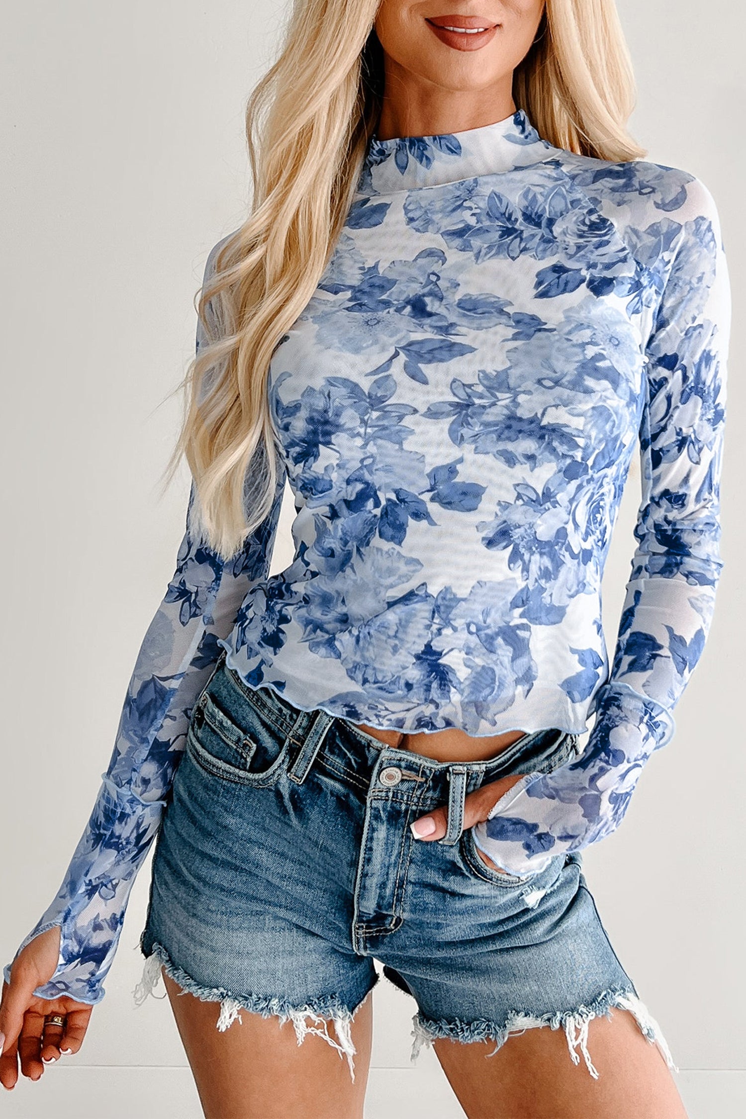 Sky Blue Floral Print Long Sleeve Stand Neck Mesh Top – Light Blue