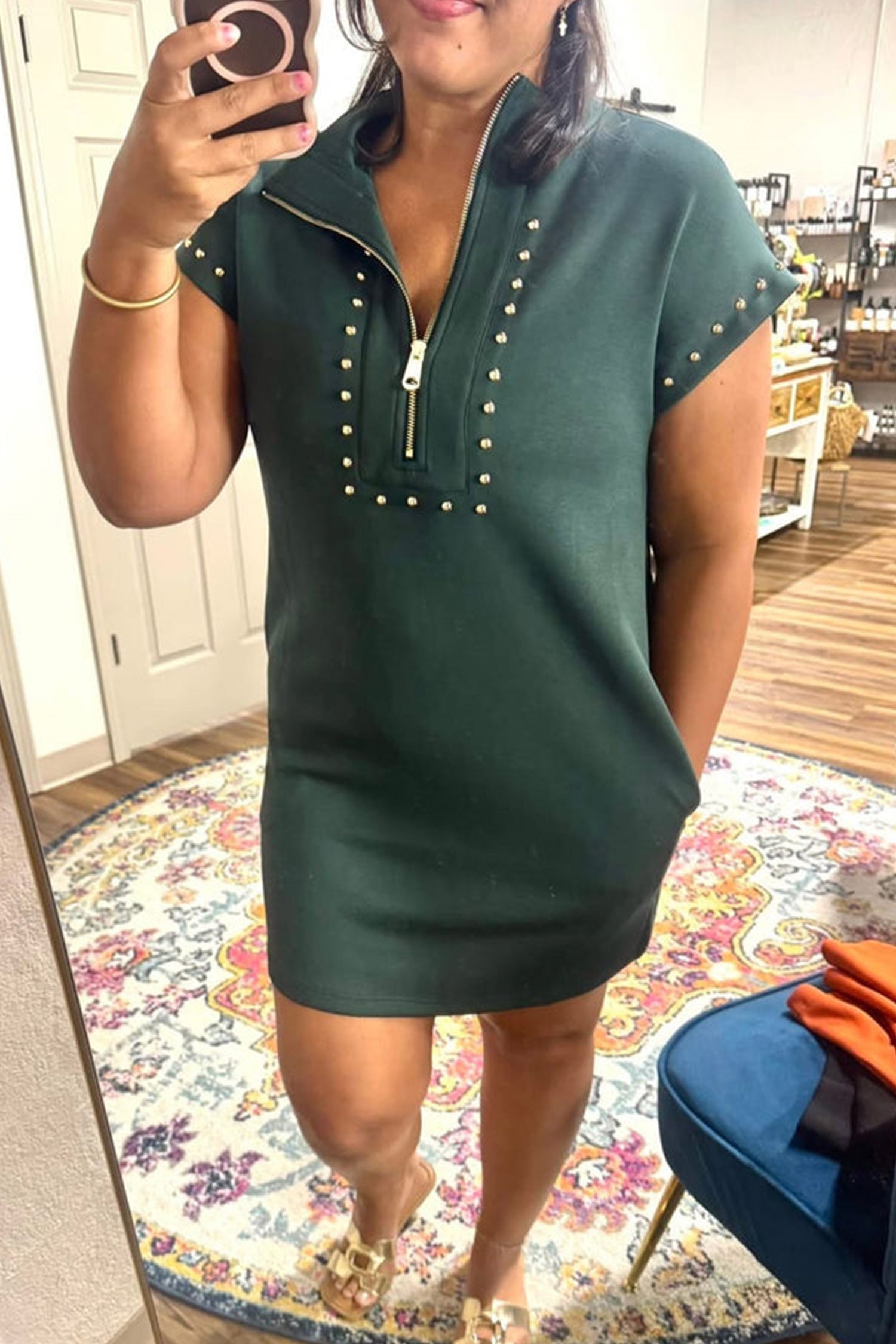 Plus Size Studded Zip-Up T-Shirt Dress with Pockets – Green