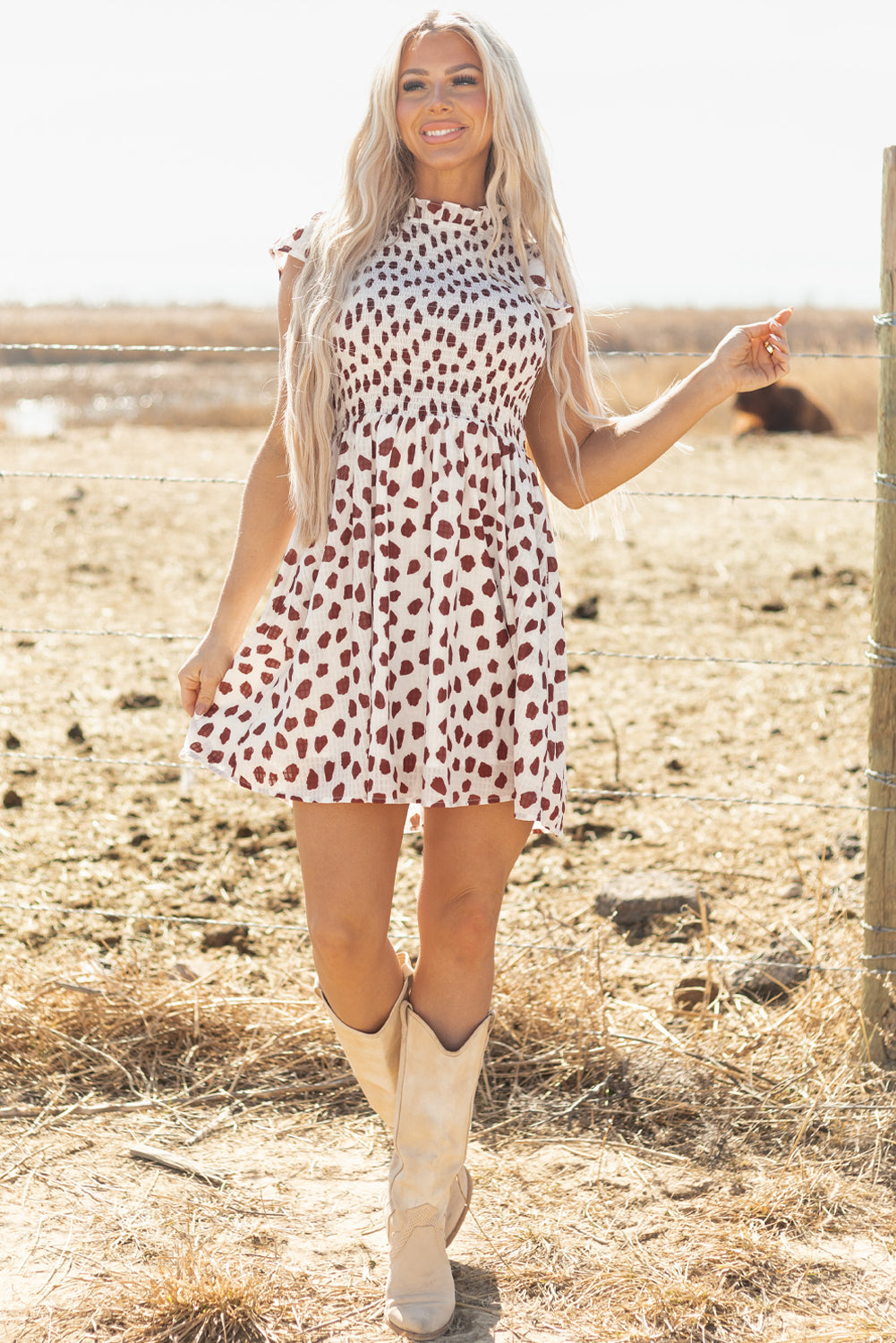 Brown Abstract Printed Flutter Sleeve Smocked Bodice Short Dress eAura