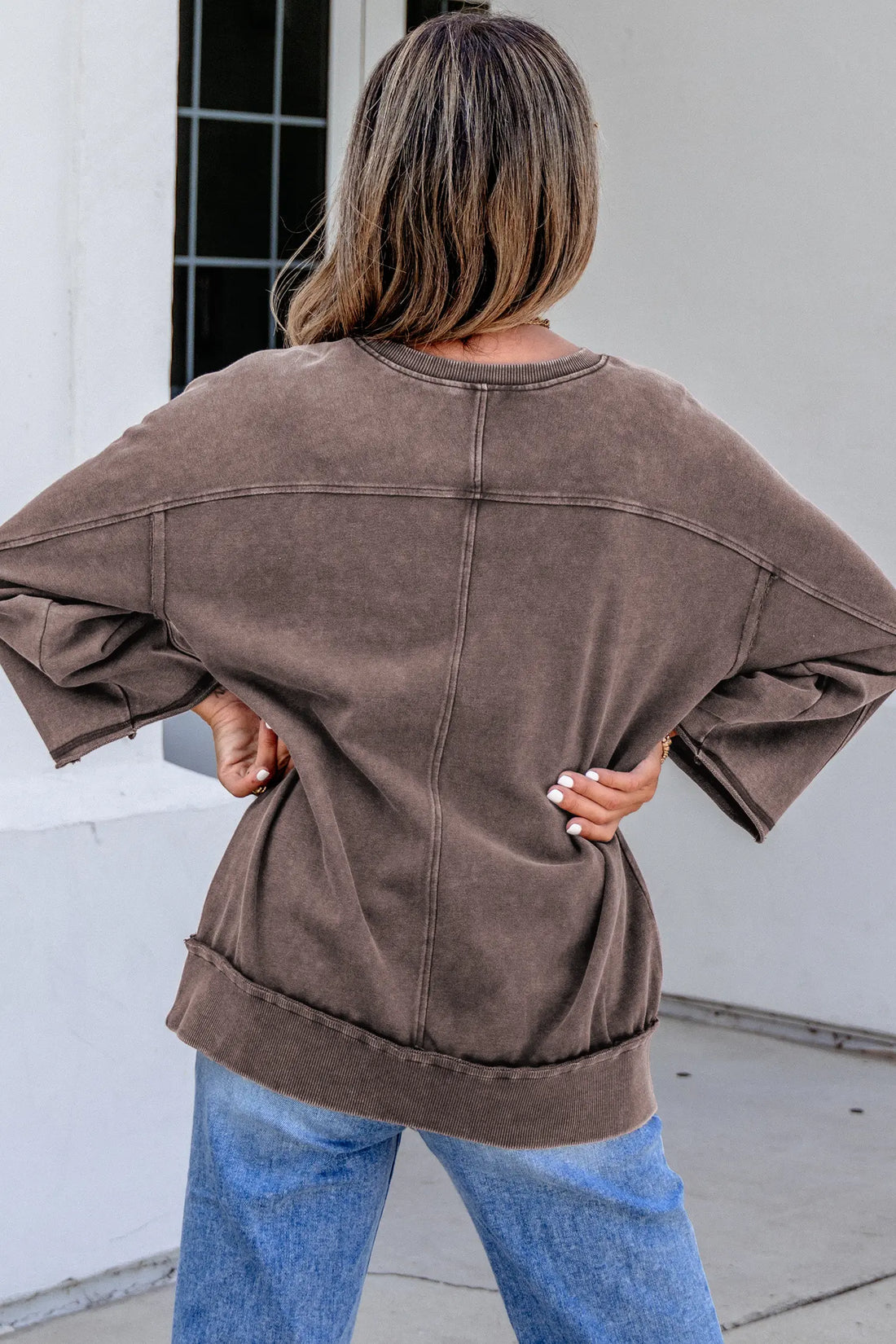 3/4 Sleeve Mineral Wash Loose Cotton Top – Dark Brown