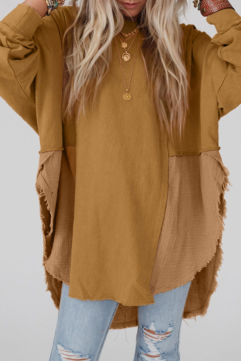 Camel Crinkle Splicing Raw Hem High Low Oversized Blouse eAura