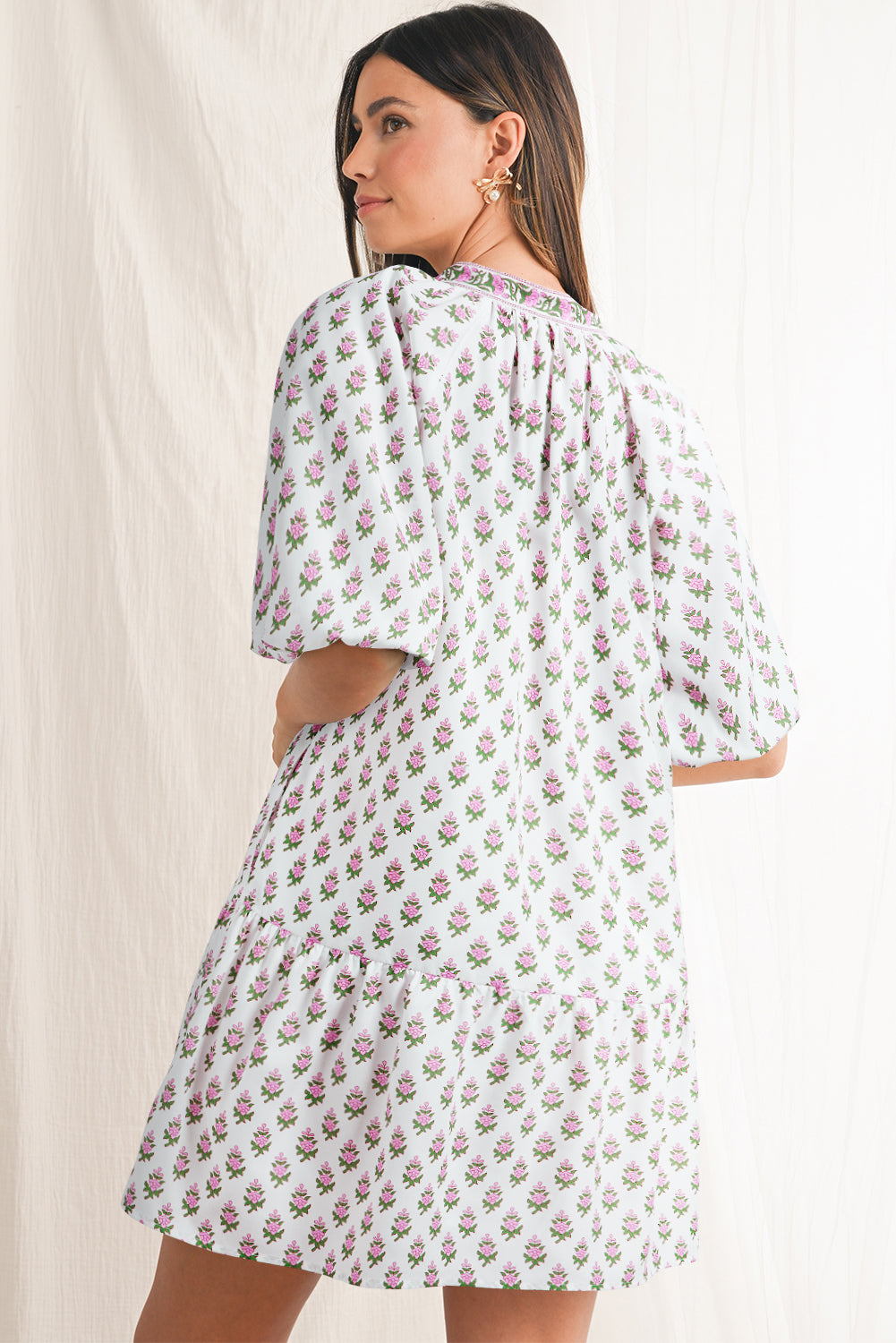 Pink Floral Print Bubble Sleeve Neck Tie Ruffled Dress eAura