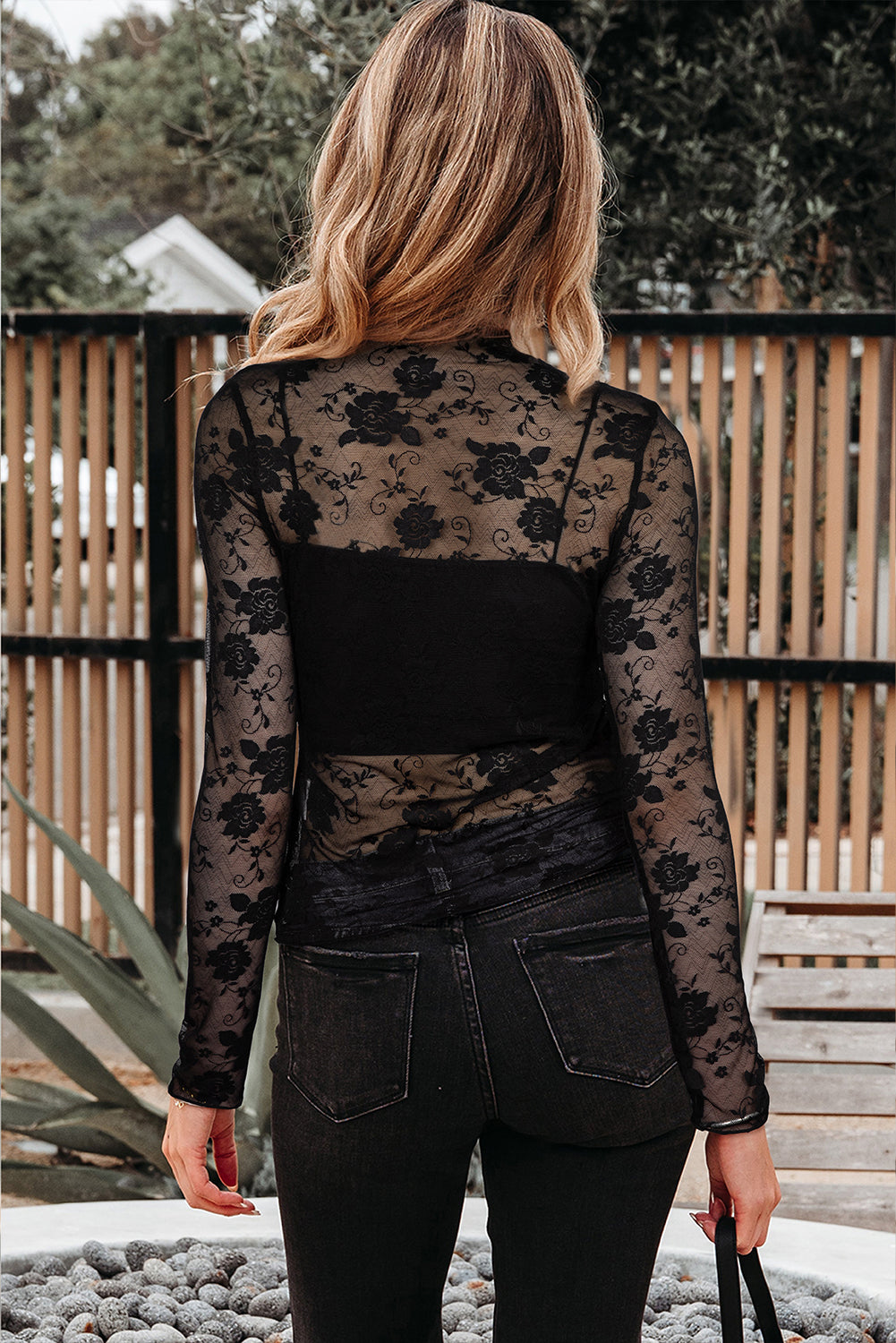 Sheer Floral Lace Mesh Mock Neck Long Sleeve Top - eAura