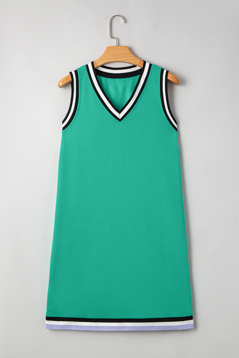 Green Contrast Trim V Neck Shift Sleeveless Mini Dress - eAura