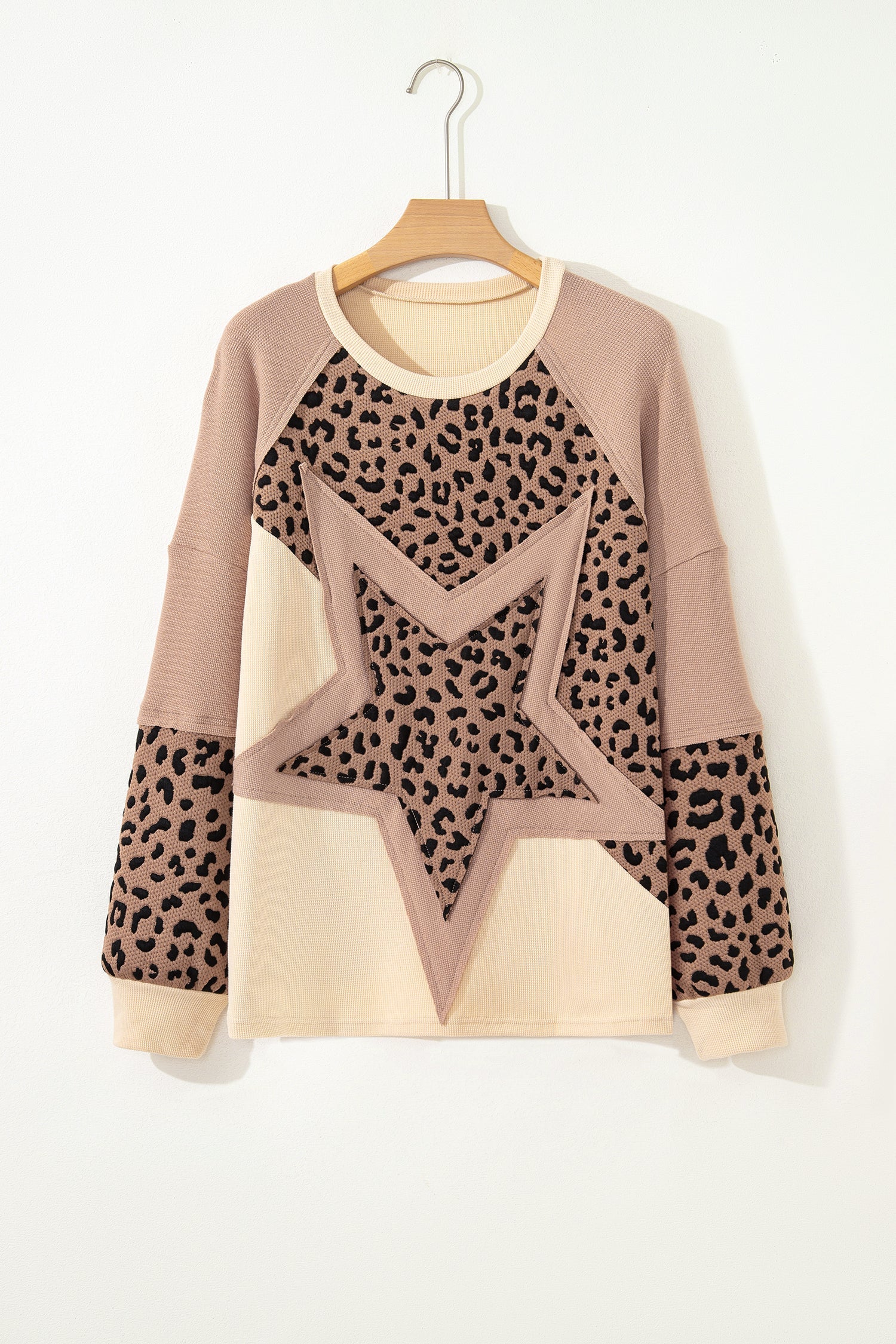 Leopard Star Patchwork Textured Baggy Sweatshirt - Tops/Sweatshirts & Hoodies