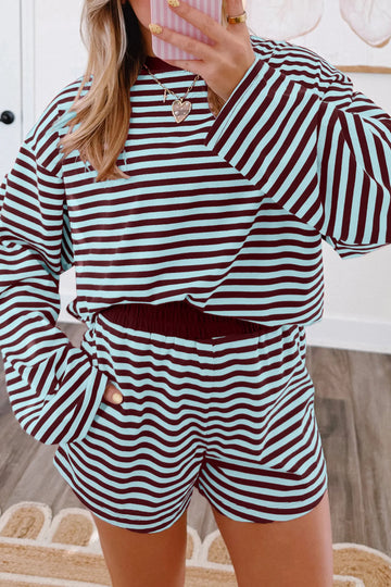 Brown Stripe Relaxed Long Sleeve Top Contrast Elastic Waistband Short Set