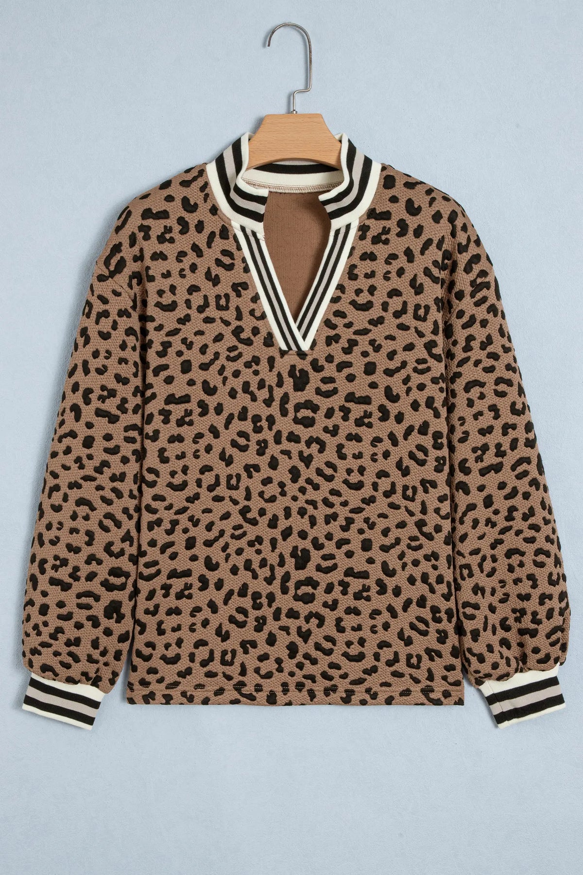 Leopard Print Striped Trim Collar Long Sleeve Shift Pullover – Brown