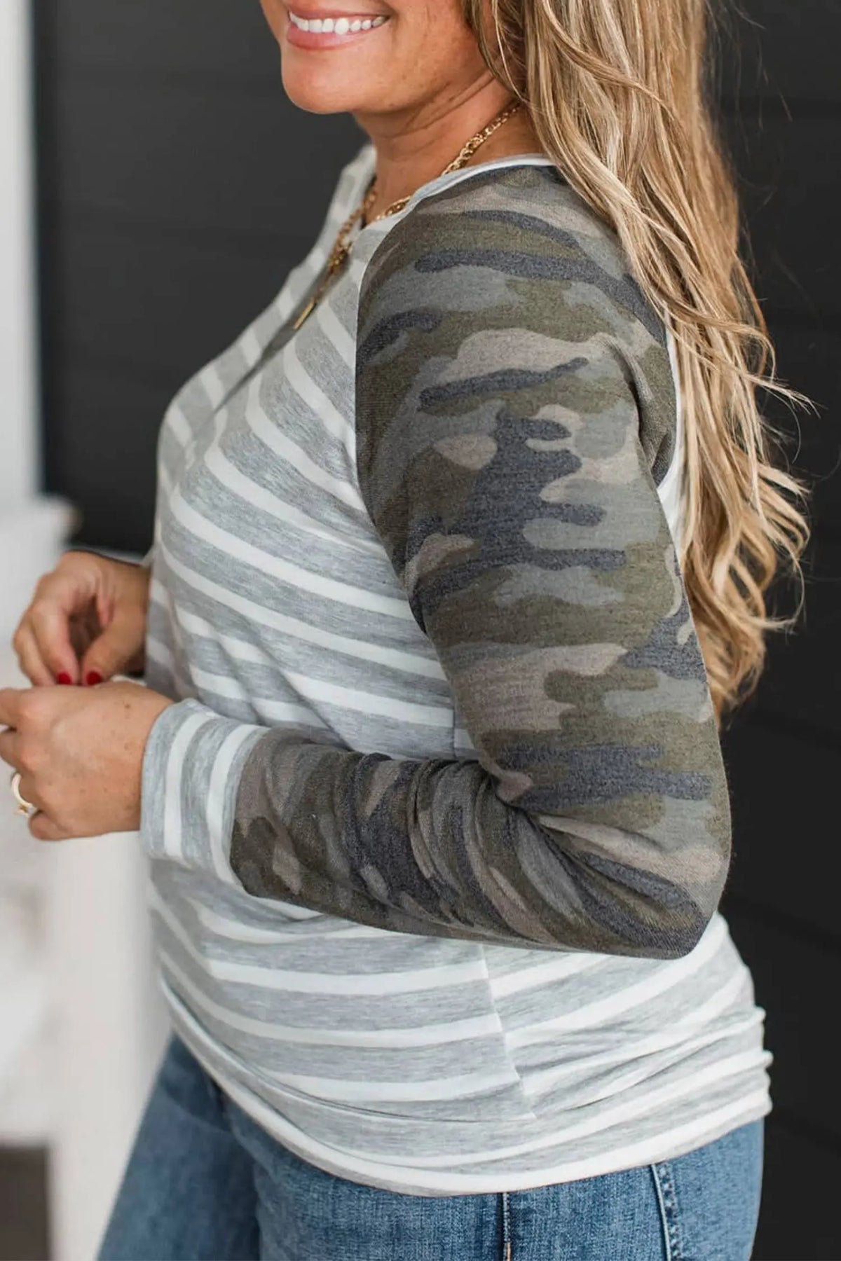Camo Sleeve Striped Colourblock Round Neck Long Sleeve Plus Size Blouse – Grey Stripe
