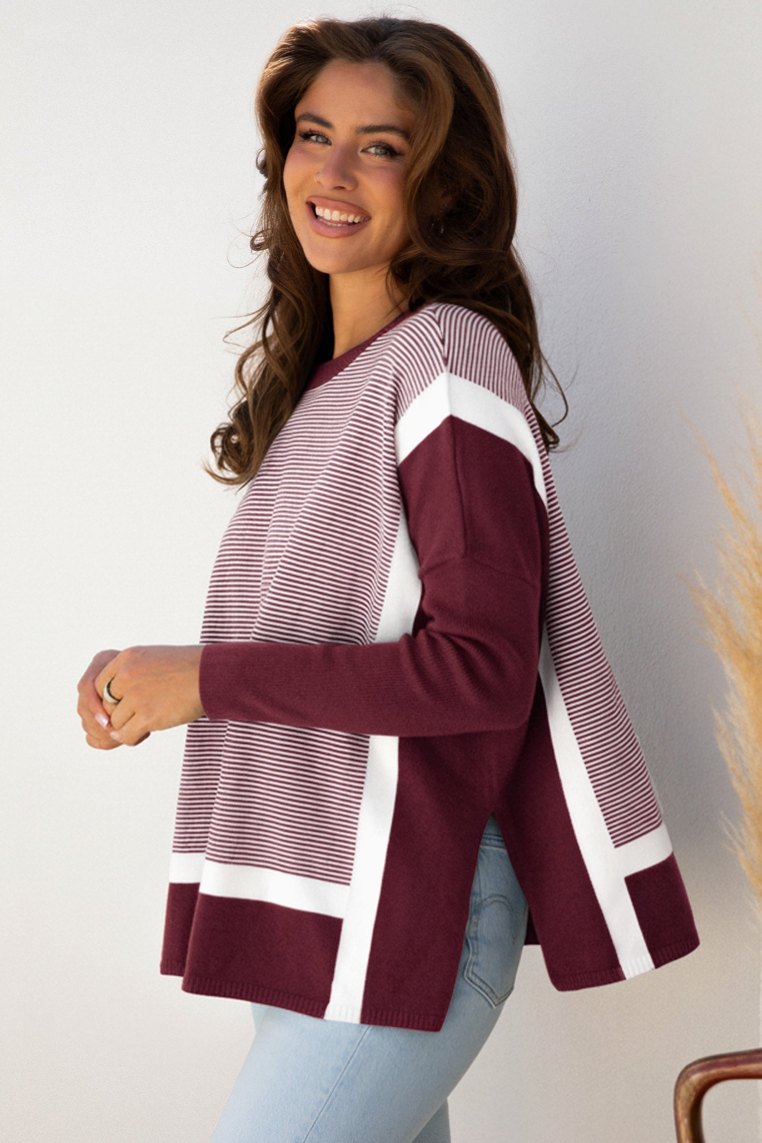 Striped Dolman Oversize Tunic Sweater - eAura