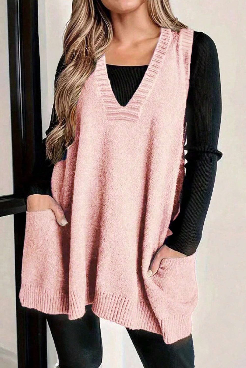 Rib Knit Deep V-Neckline Front Pocketed Baggy Tunic Sweater Vest - eAura