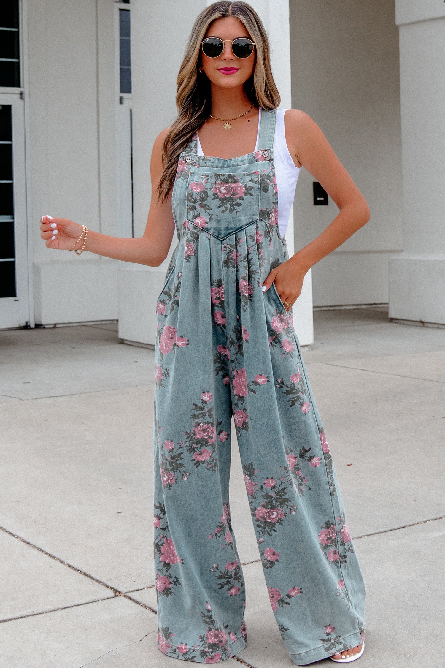 Floral Print Pleated Wide Leg Denim Jumpsuit – High Waist
