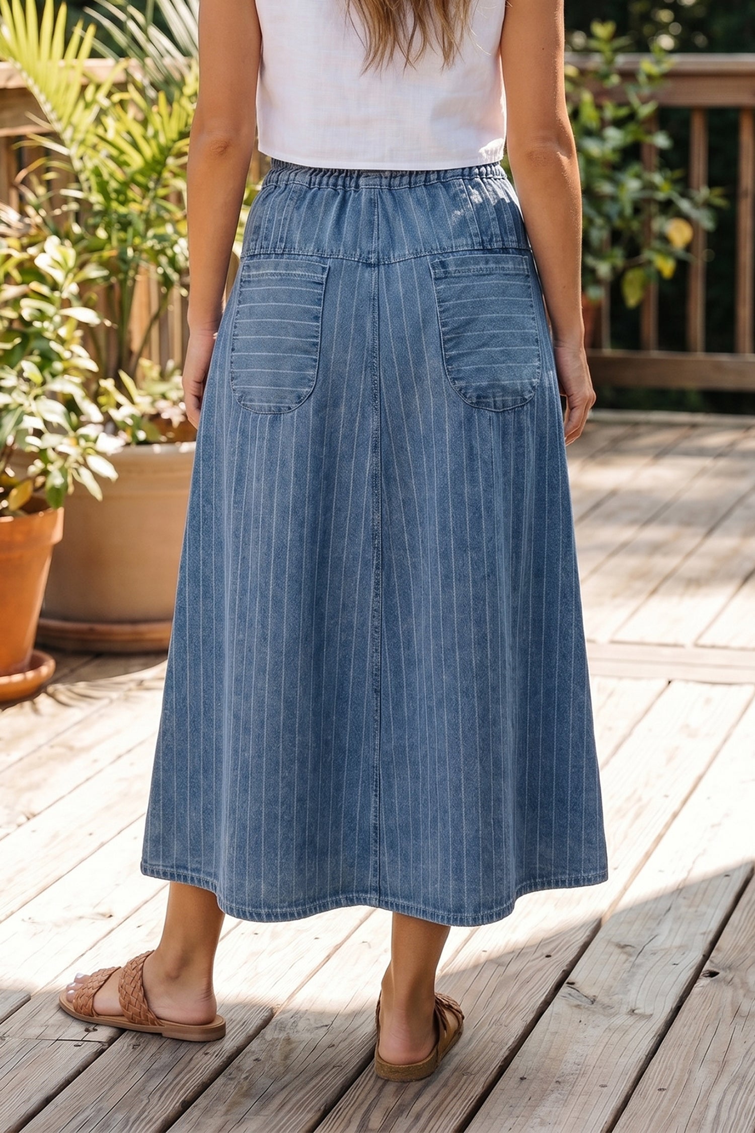 Sky Blue Stripe Pintuck High Waist Drawstring Denim Midi Skirt