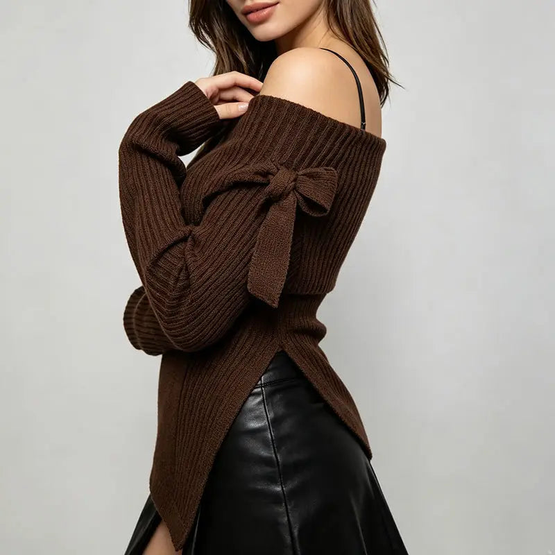 Brown sweater showing bow and side profile