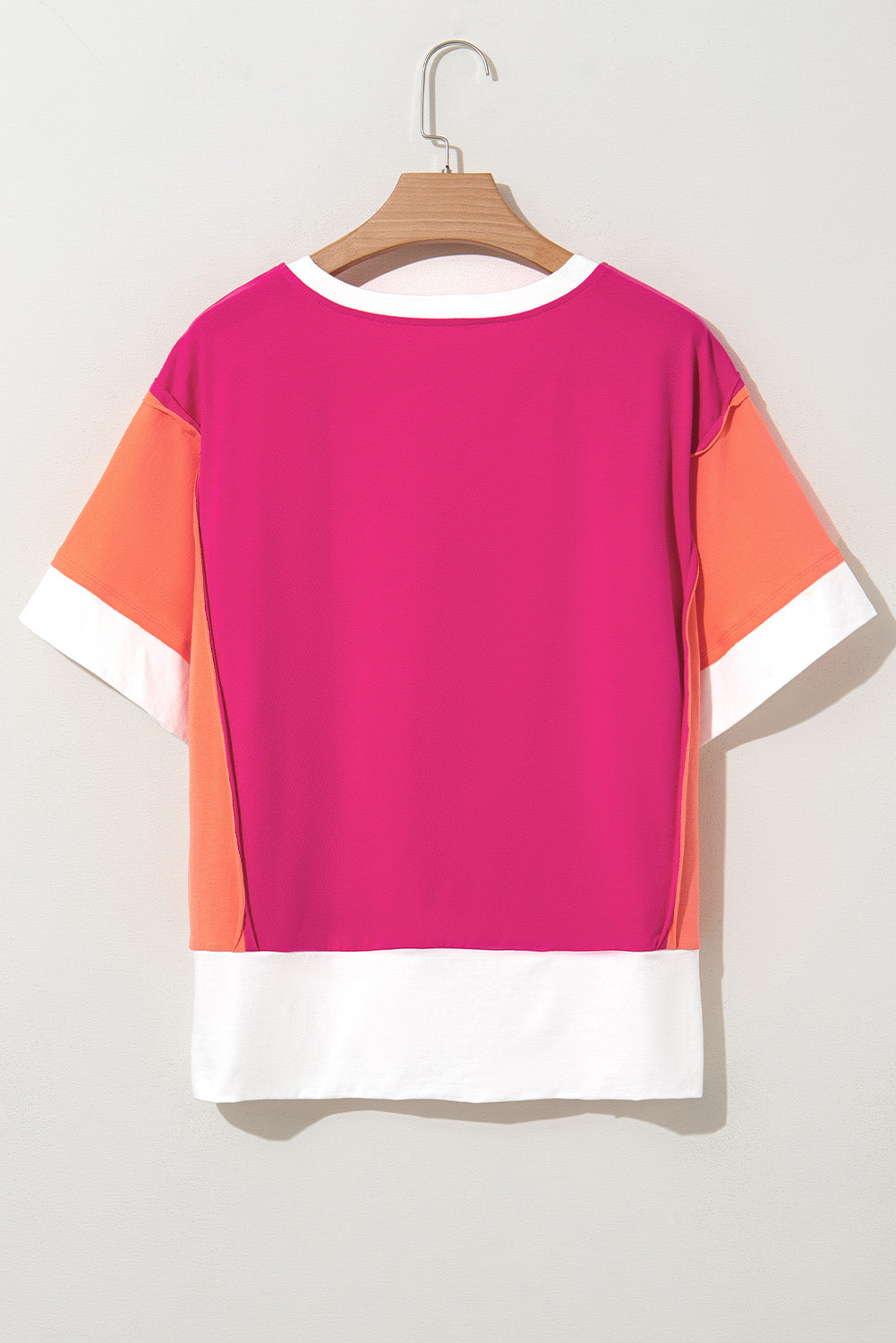 Rose Red Colour Block Patchwork Side Slits Loose Fit T Shirt eAura