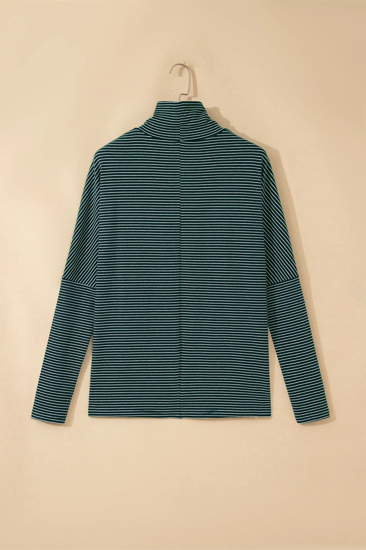 High Neck Dropped Shoulder Long Sleeve Casual Top – Green Stripe