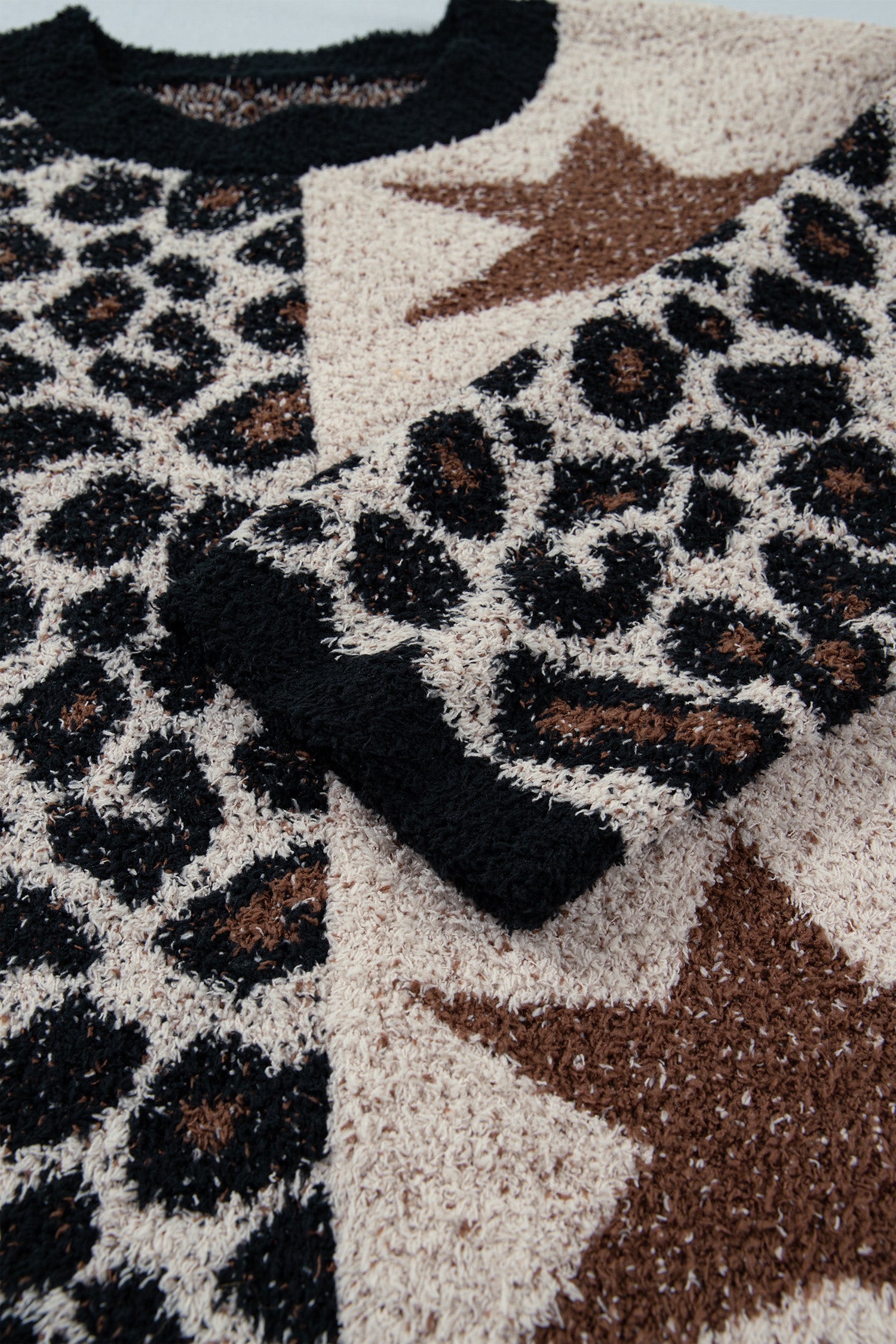 Leopard Star Pattern Round Neck Long Sleeve Shift Sweater – Smoke Gray