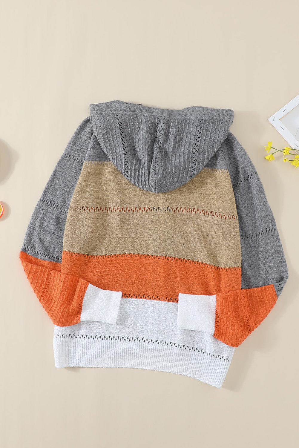 MultiColour Zipped Front Colourblock Hollow-out Knit Hoodie eAura
